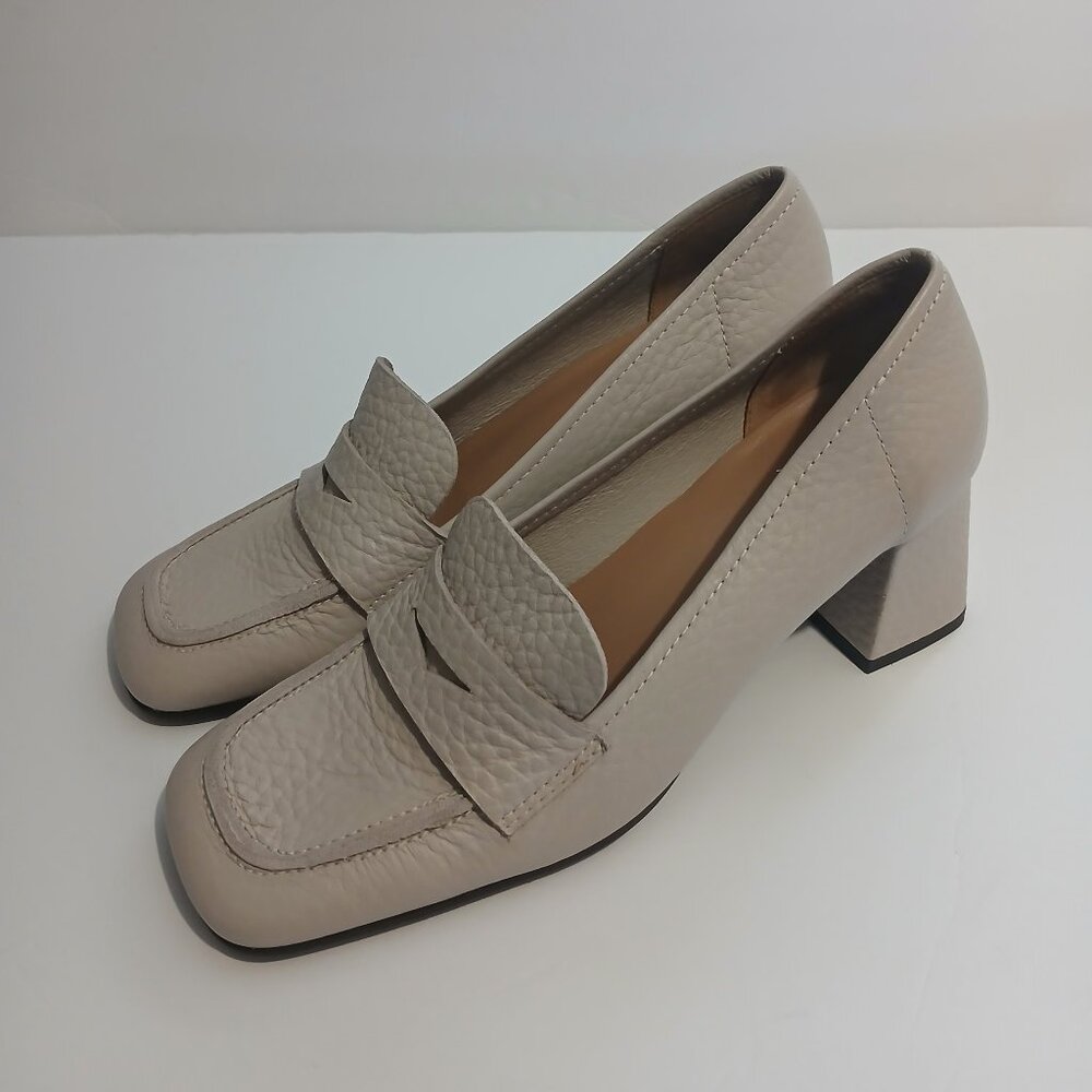 Aquatalia Carlina Leather Block Heel Penny Loafers Women Beige Size 9